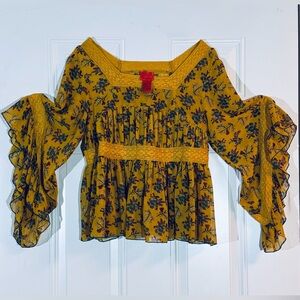 Yellow floral flutter sleeves hippie boho top by V Cristina